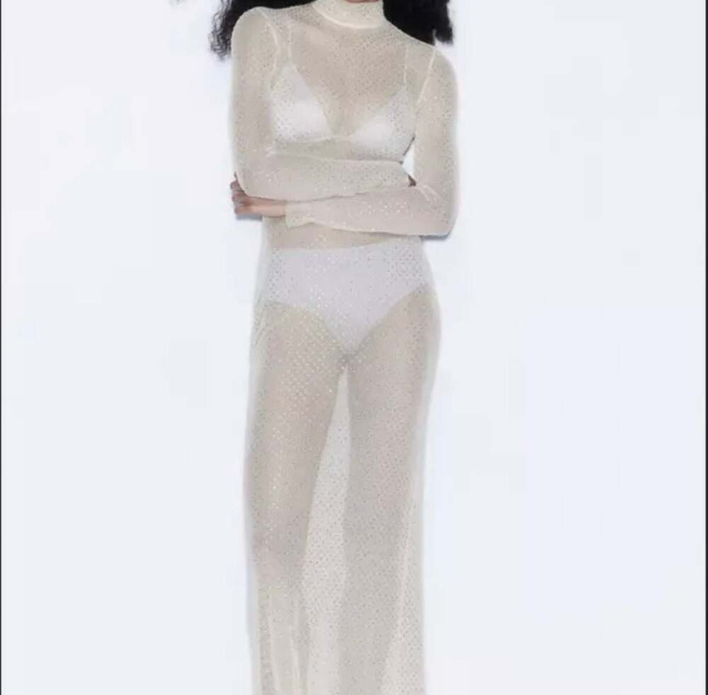 H&M Long Sleeve Rhinestone-Embellished Sheer Mesh Maxi Dress